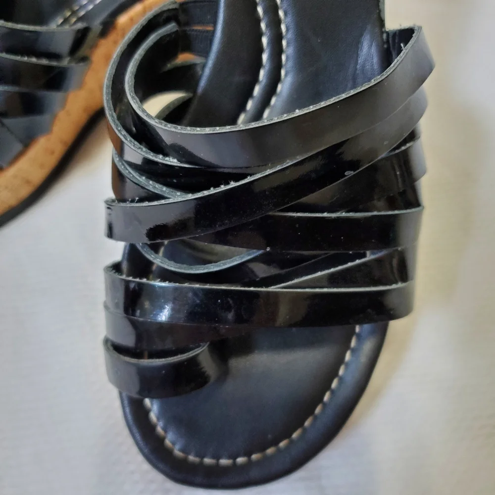 Donald J. Pliner Black Patent Leather Cork Wedge Sandals